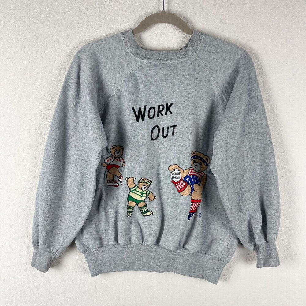 Vintage Cyn Les Shirlee Designs Sweatshirt Womens Large Gray Bears Workout 70s